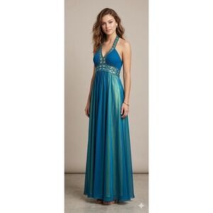 Vintage Cache Gown size 2 Teal Blue Iridescent Green Beaded Halter Dress y2k